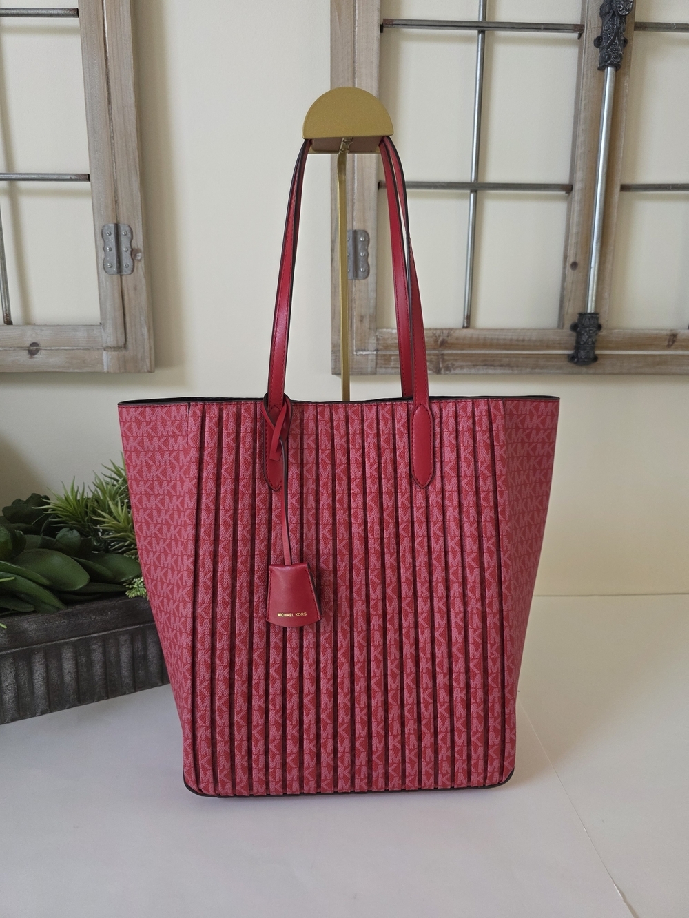Michael Kors Sinclair Large Pleated Shopper Tote Crimson Red Signature Logo